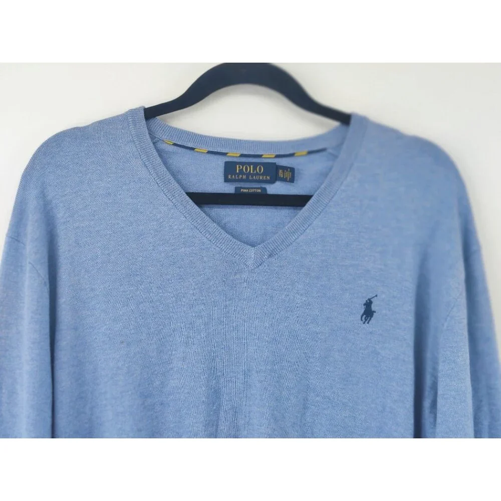 Polo Ralph Lauren Men's Blue V-Neck Sweater with Logo Size XL